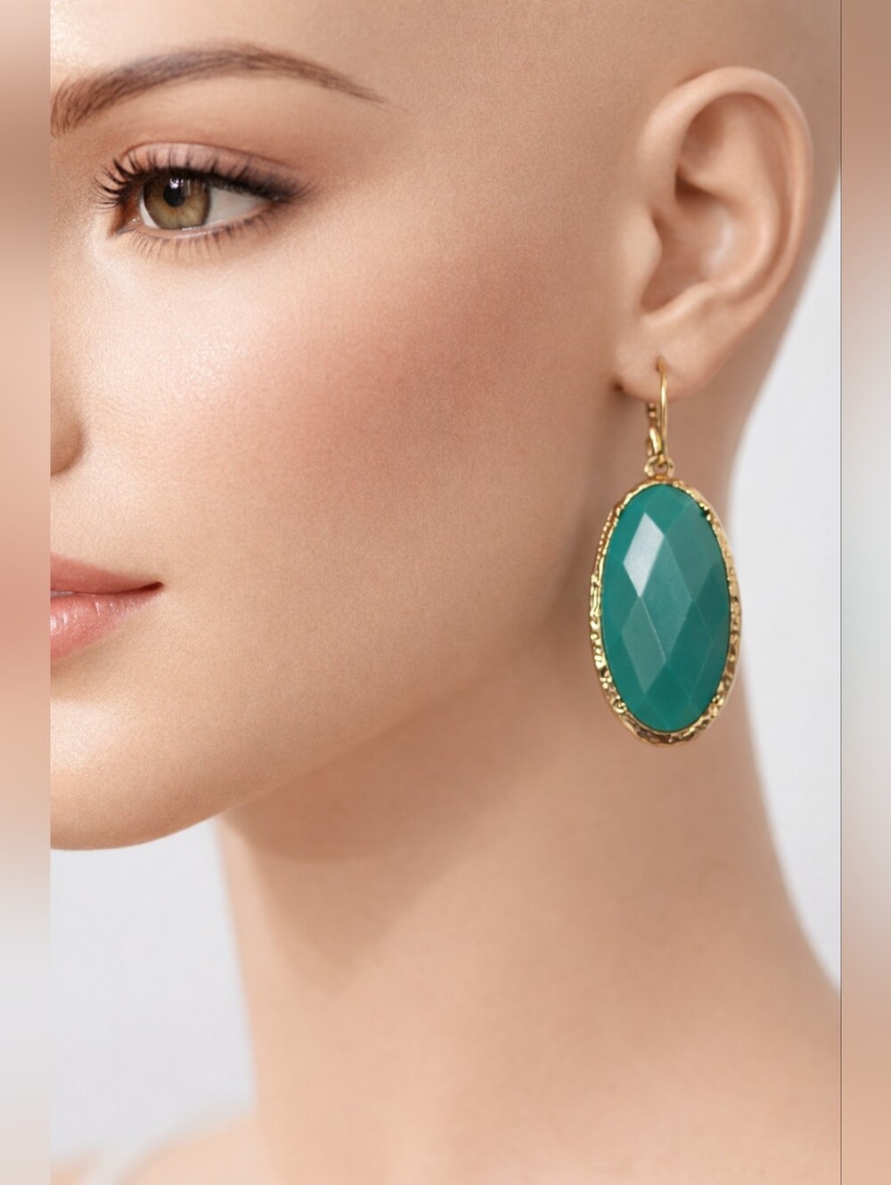 Gold-Frame Teal, Blue Faceted Oval 2.25" Drop Earrings – Women Statement Jewelry